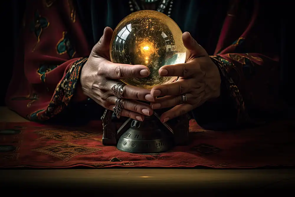 Bola de cristal entre mãos durante uma consulta espiritual